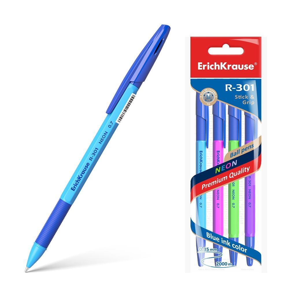 Ручка шариковая 0.7мм, синяя, R-301 Neon Stick&Grip (пакет 4шт.) арт. 42023  Еrich Krause      