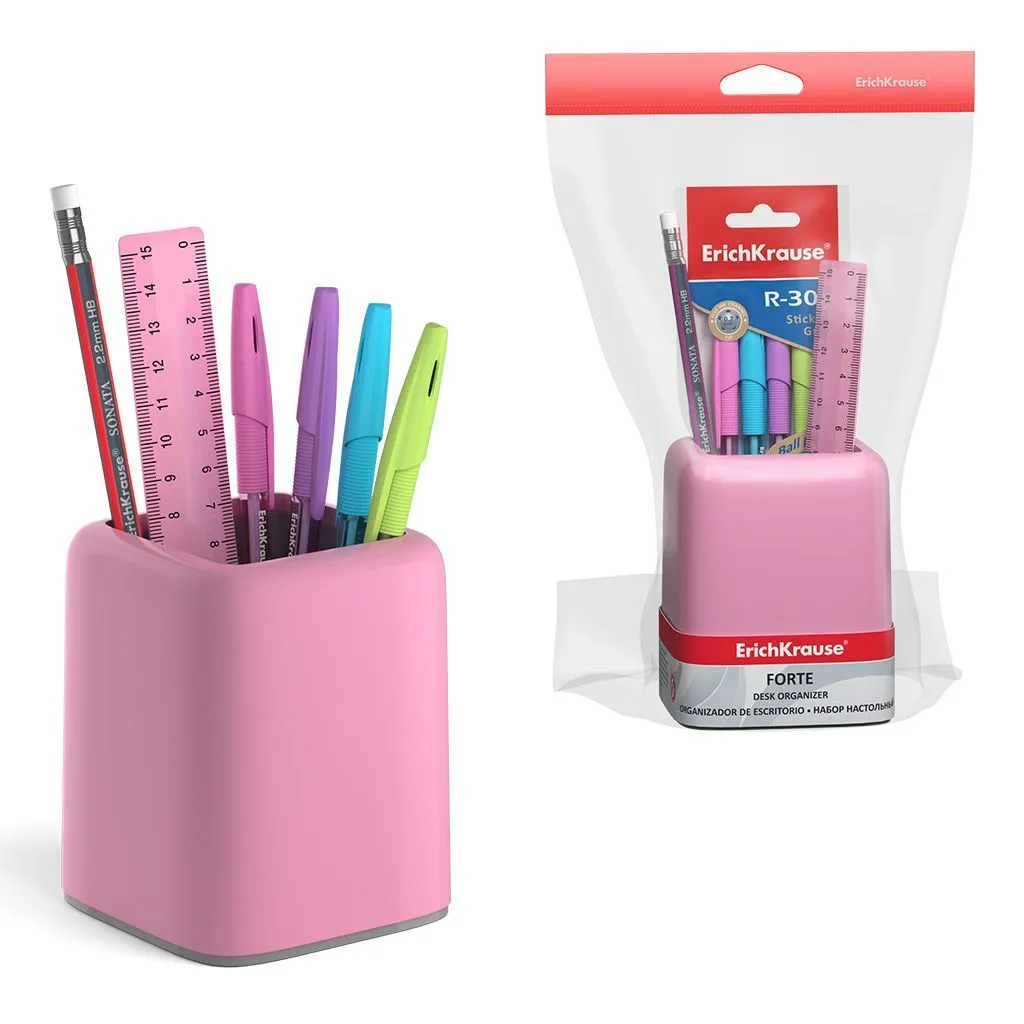 Набор настольный 6 предметов, Forte Pastel розовый с серой вставкой (4ручки,карандаш,линейка) арт. 53279  Erich Krause